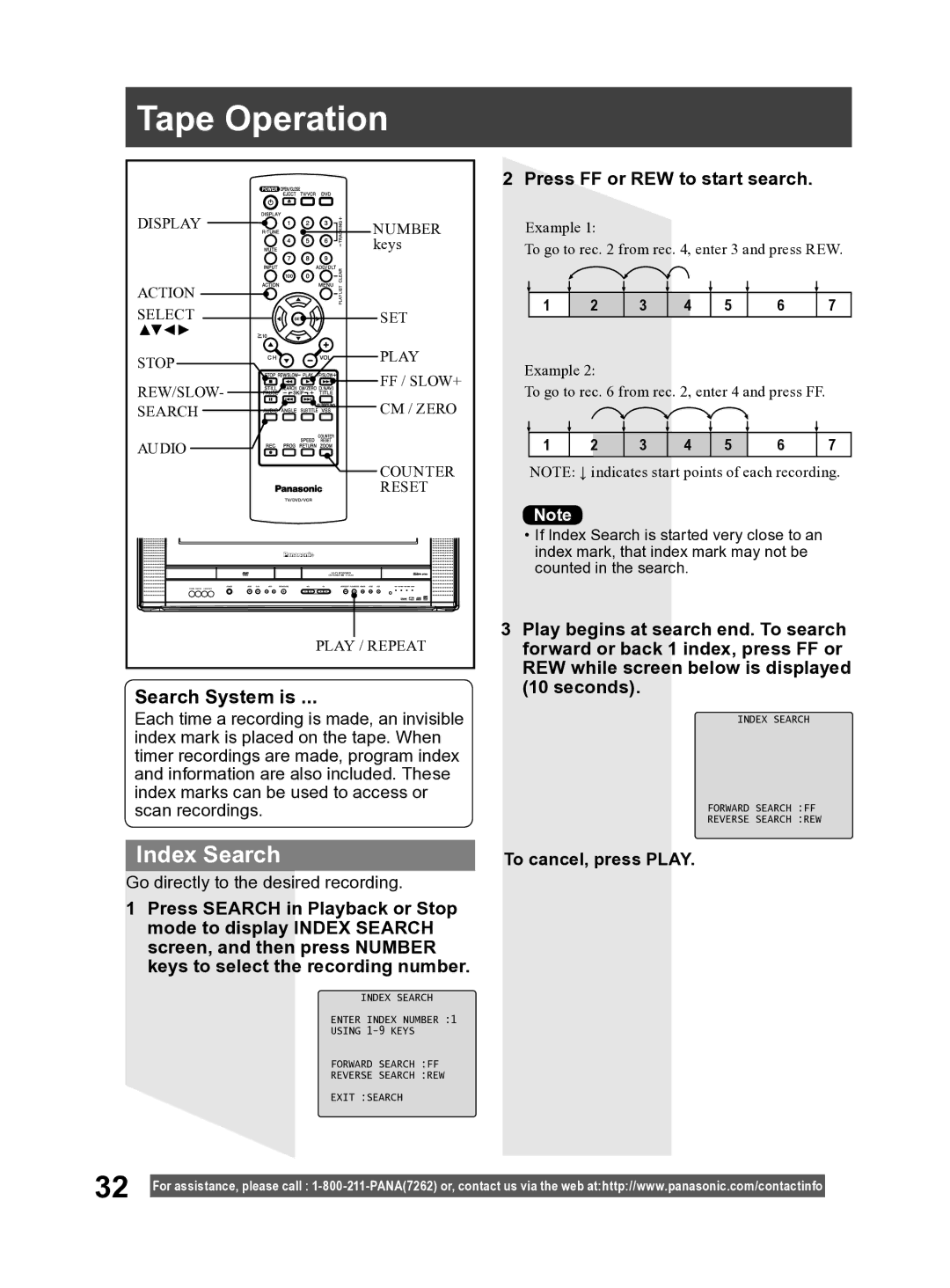 Panasonic PV DF2004 Tape Operation, Index Search, Search System is, Press FF or REW to start search, To cancel, press Play 