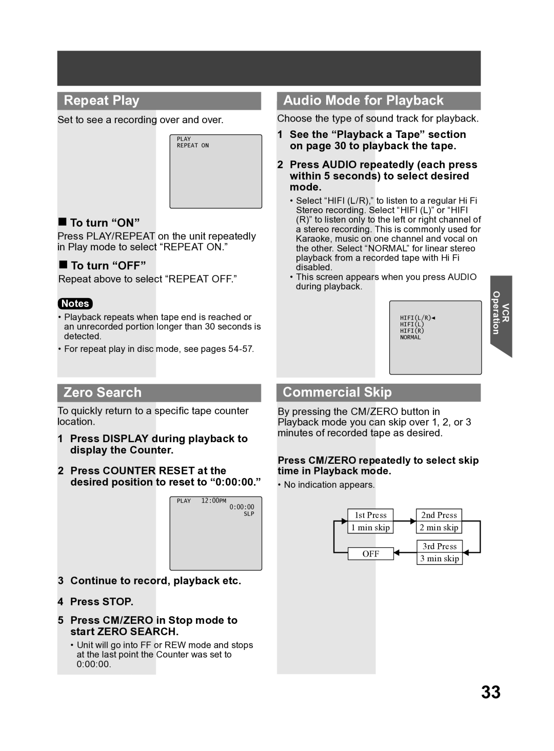 Panasonic PV DF2704, PV DF2004 manual Repeat Play, Audio Mode for Playback, Zero Search, Commercial Skip 