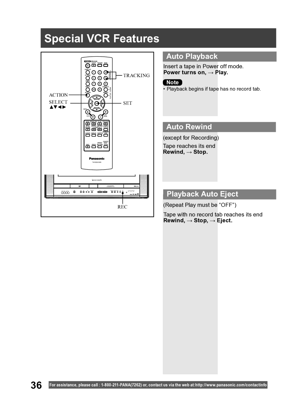 Panasonic PV DF2004, PV DF2704 manual Special VCR Features, Auto Playback, Auto Rewind, Playback Auto Eject 