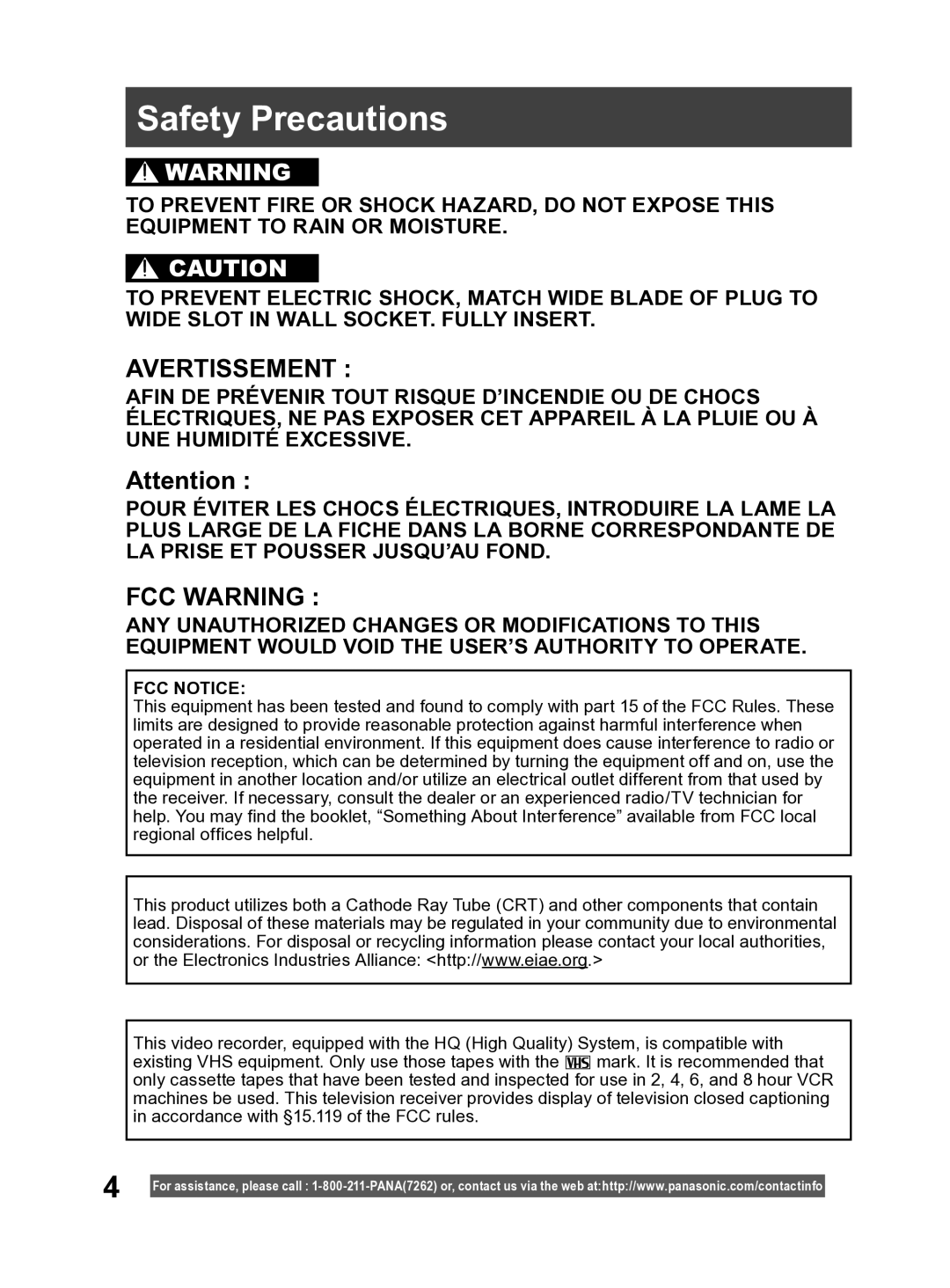 Panasonic PV DF2004, PV DF2704 manual Safety Precautions, Avertissement 