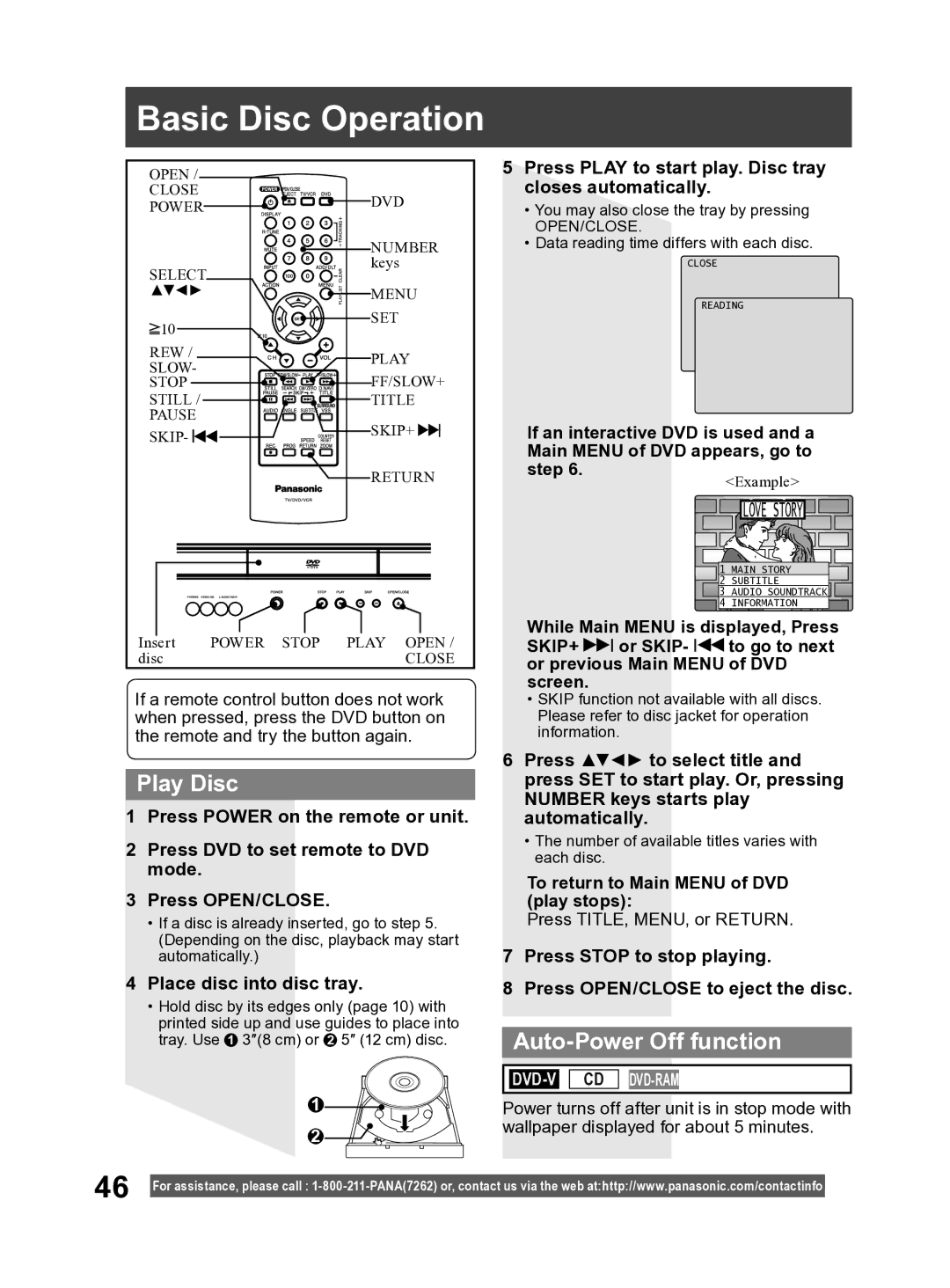 Panasonic PV DF2004, PV DF2704 manual Basic Disc Operation, Play Disc, Auto-Power Off function, Place disc into disc tray 