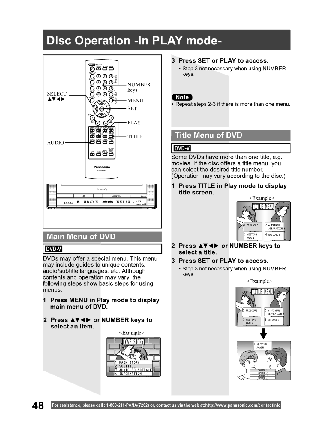 Panasonic PV DF2004 manual Disc Operation -In Play mode, Main Menu of DVD, Title Menu of DVD, Press SET or Play to access 