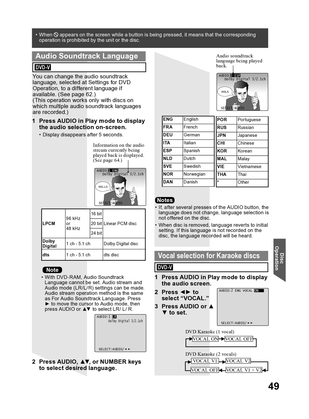 Panasonic PV DF2704, PV DF2004 manual Audio Soundtrack Language, Press AUDIO, , or Number keys to select desired language 