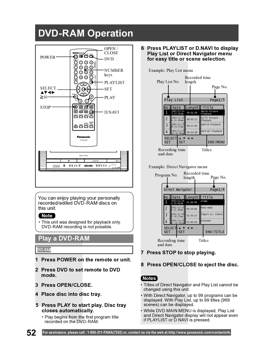 Panasonic PV DF2004, PV DF2704 manual DVD-RAM Operation, Play a DVD-RAM 