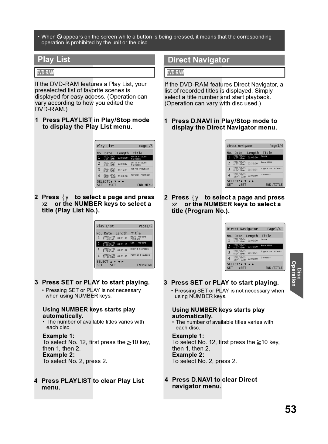 Panasonic PV DF2704, PV DF2004 manual Play List Direct Navigator, Press SET or Play to start playing 