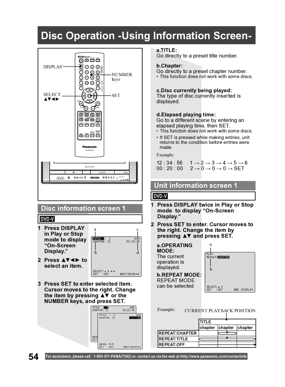 Panasonic PV DF2004, PV DF2704 Disc Operation -Using Information Screen, Disc information screen, Unit information screen 