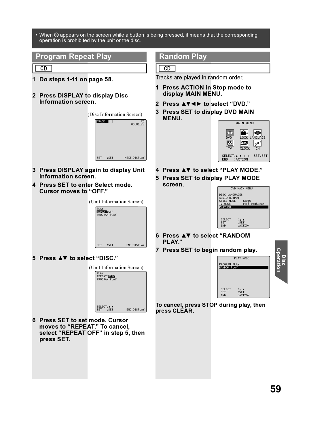 Panasonic PV DF2704, PV DF2004 manual Program Repeat Play, Random Play, Press to select Disc 