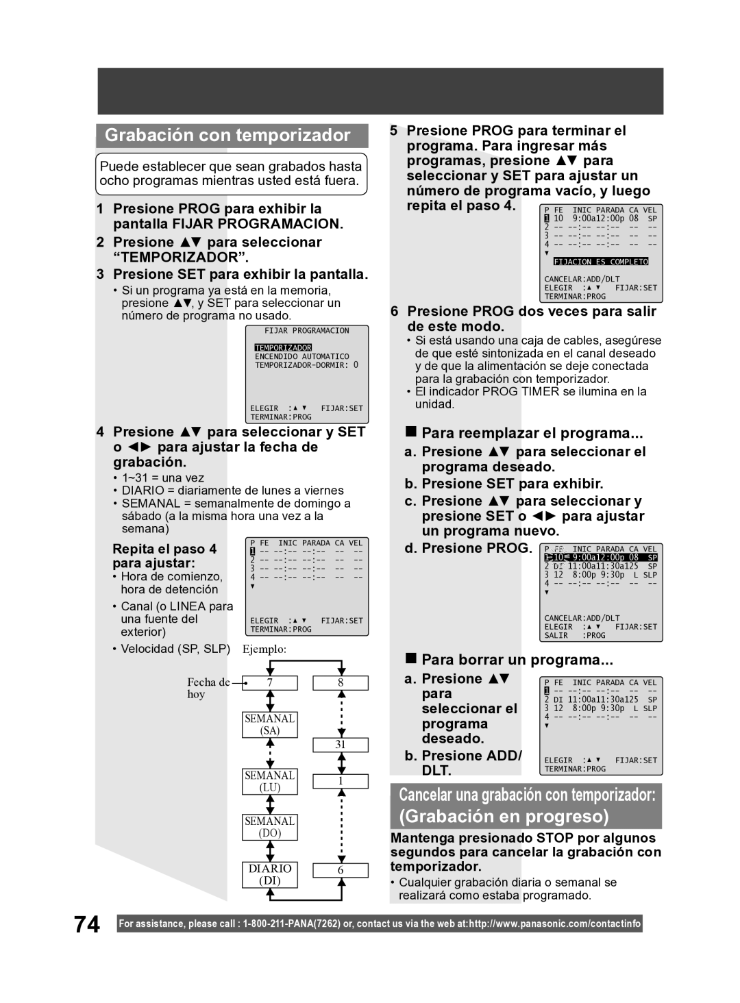 Panasonic PV DF2004, PV DF2704 manual Grabación con temporizador, Presione Prog para exhibir la pantalla Fijar Programacion 