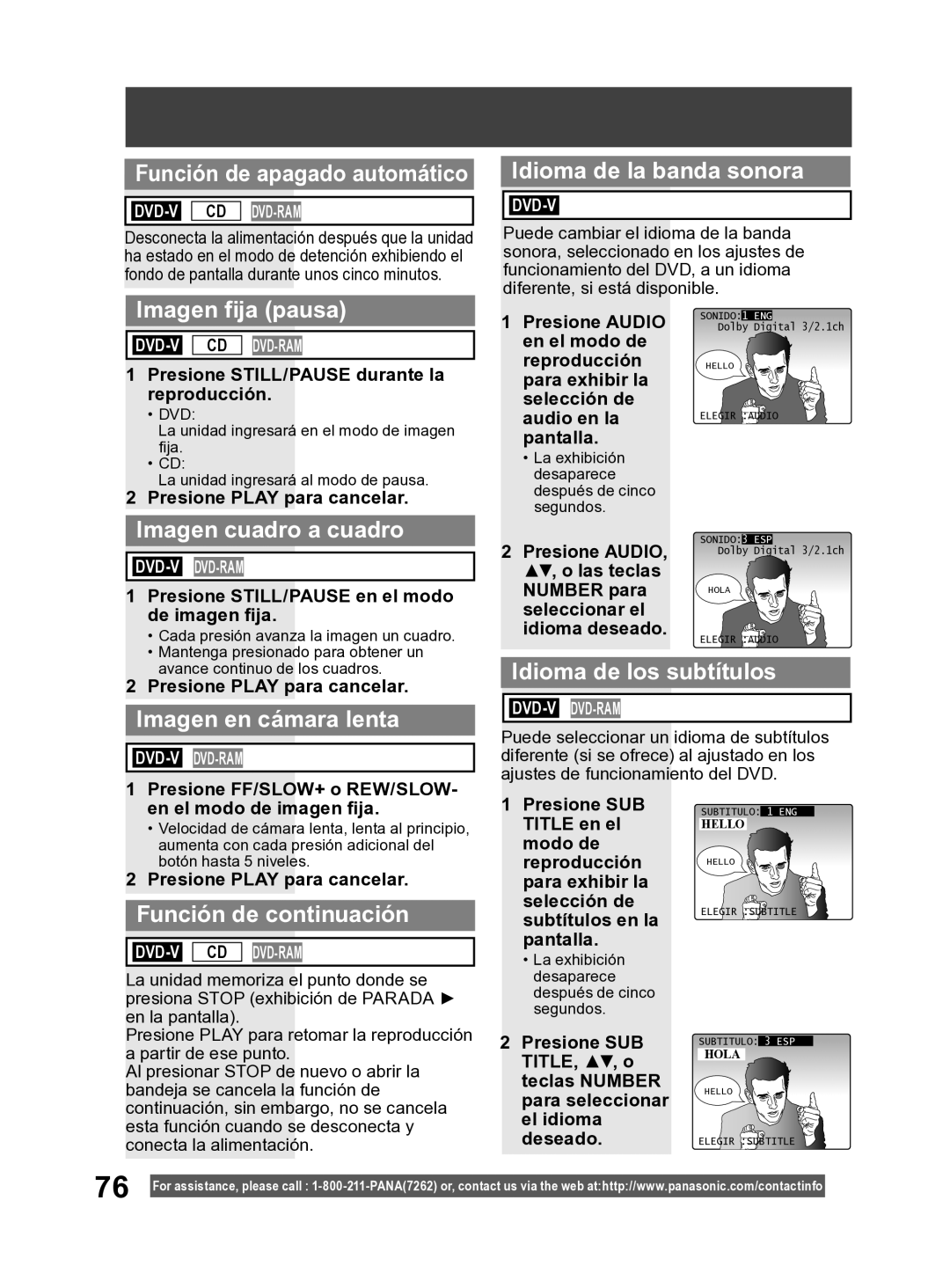 Panasonic PV DF2004 manual Función de apagado automático, Imagen fija pausa, Imagen cuadro a cuadro, Imagen en cámara lenta 