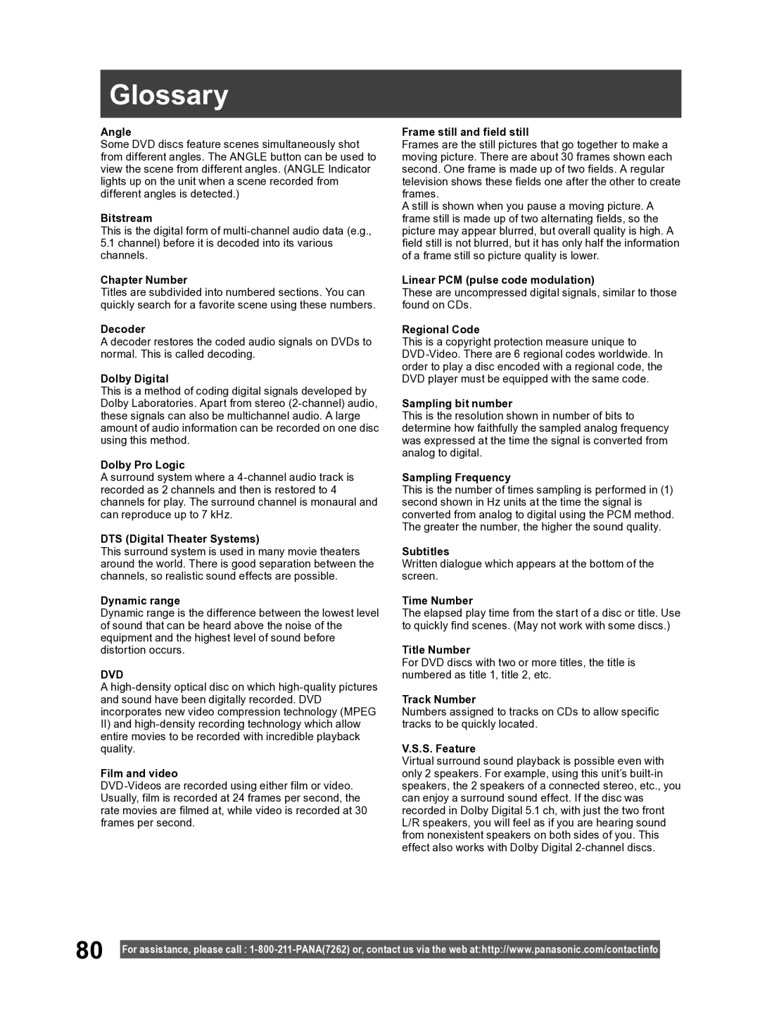 Panasonic PV DF2004, PV DF2704 manual Glossary, Angle 