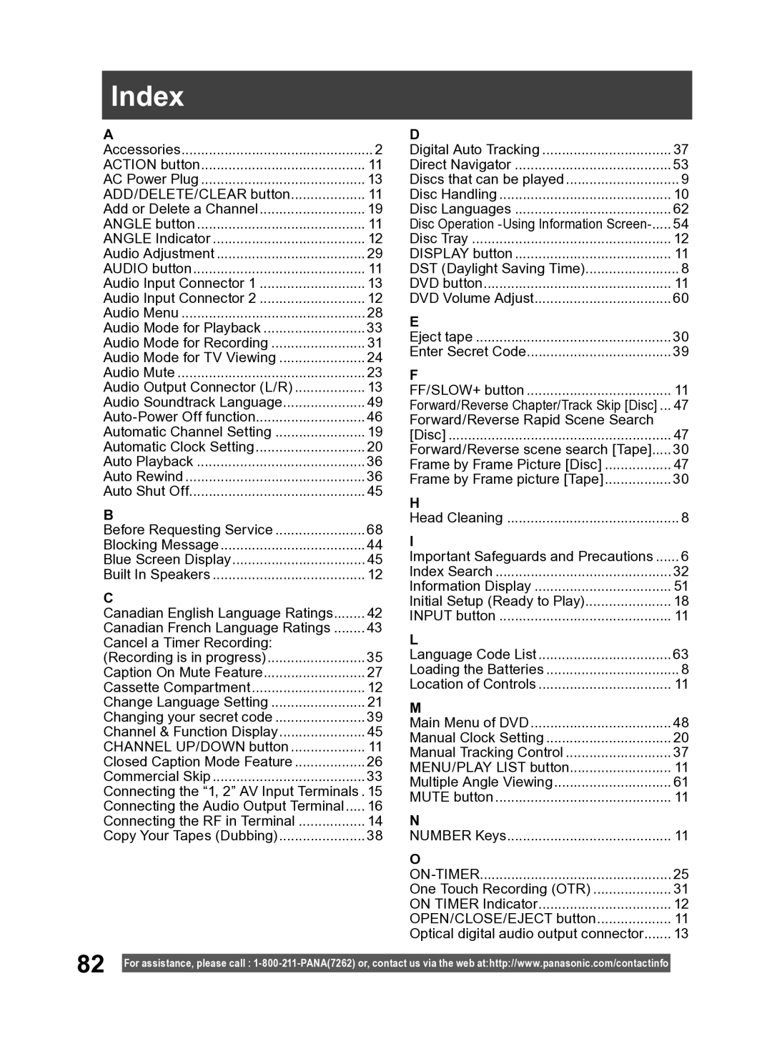 Panasonic PV DF2004, PV DF2704 manual Index, On-Timer 