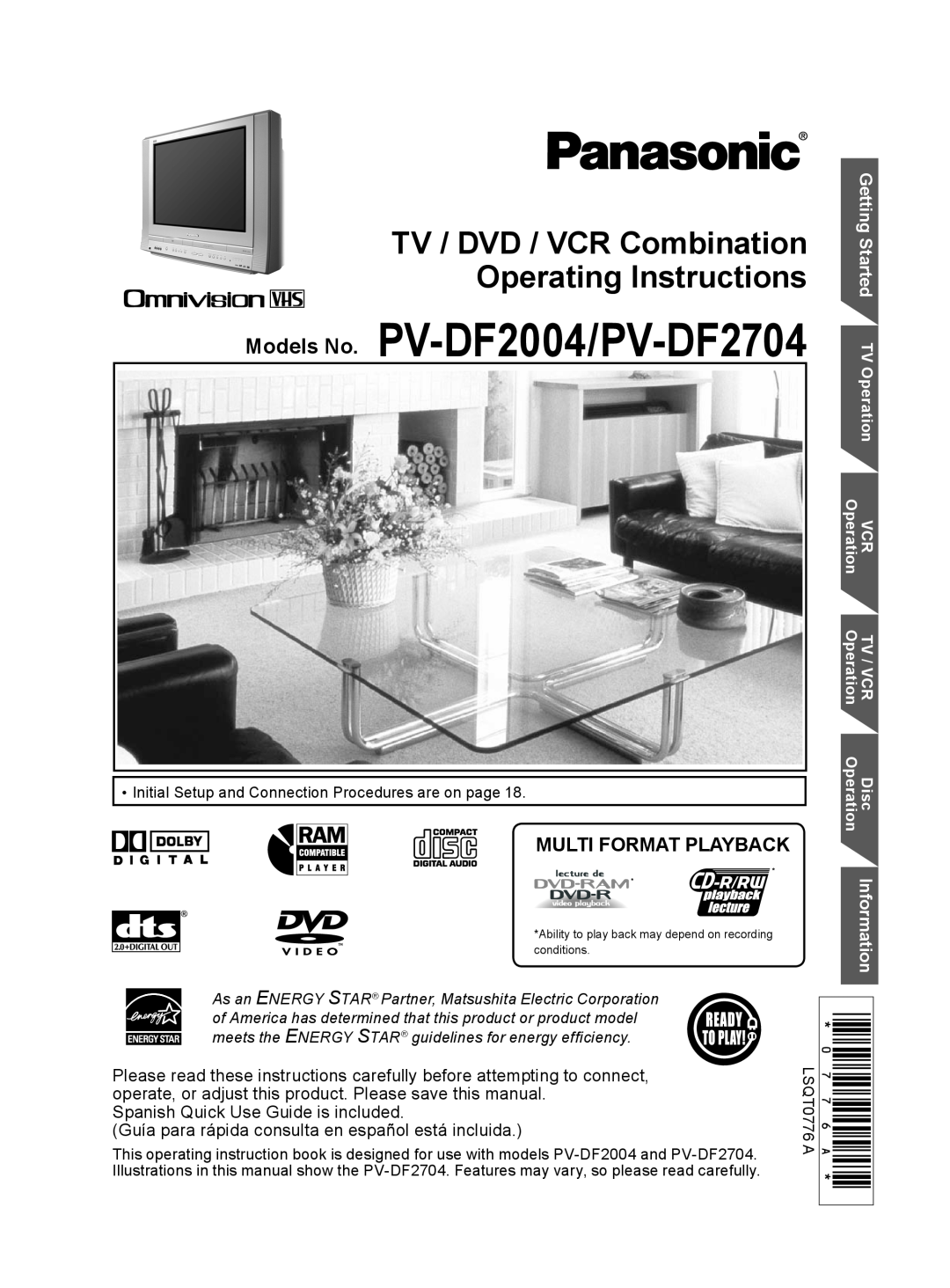 Panasonic PV DF2704, PV DF2004 manual Models No. PV-DF2004/PV-DF2704, TV / DVD / VCR Combination Operating Instructions 