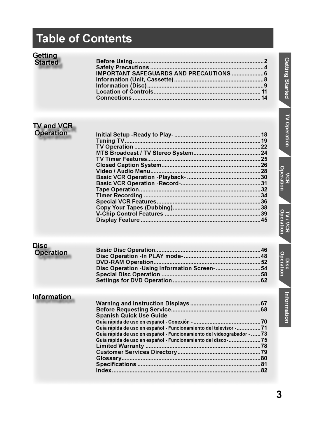 Panasonic PV DF2704 Table of Contents, Before Using, Safety Precautions, Important Safeguards And Precautions, Connections 