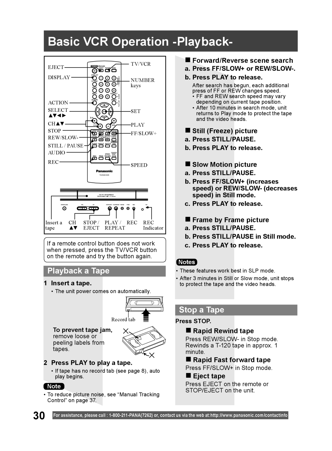 Panasonic PV DF2004 Basic VCR Operation -Playback, Playback a Tape, Stop a Tape, Insert a tape, b. Press PLAY to release 