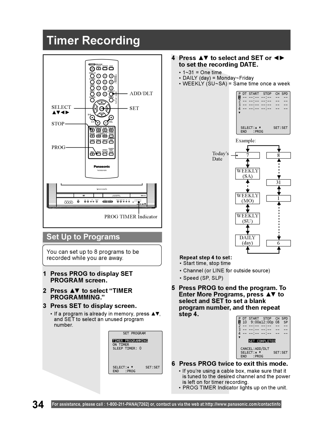 Panasonic PV DF2004, PV DF2704 manual Timer Recording, Set Up to Programs, Press PROG to display SET PROGRAM screen 