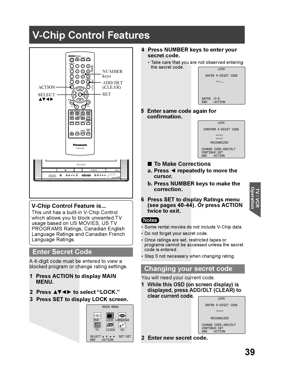 Panasonic PV DF2704 manual V-Chip Control Features, Enter Secret Code, Changing your secret code, V-Chip Control Feature is 