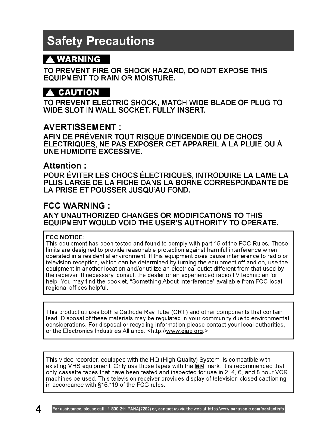 Panasonic PV DF2004, PV DF2704 manual Safety Precautions, Avertissement, Fcc Warning 