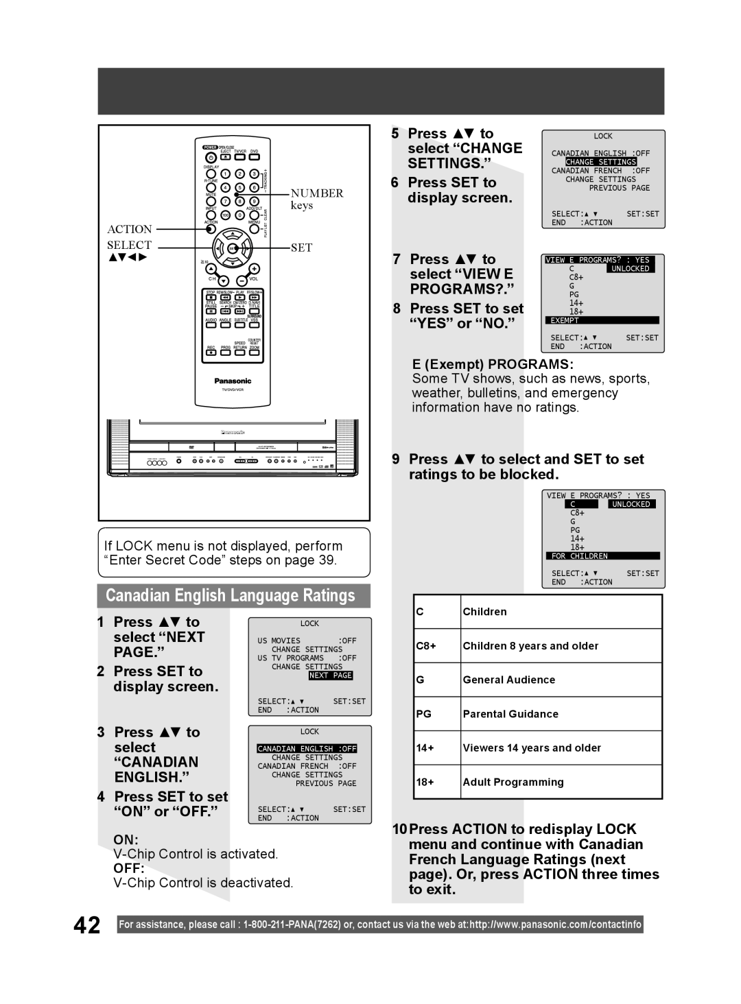 Panasonic PV DF2004 Canadian English Language Ratings, Press to select “CHANGE SETTINGS.” 6 Press SET to display screen 