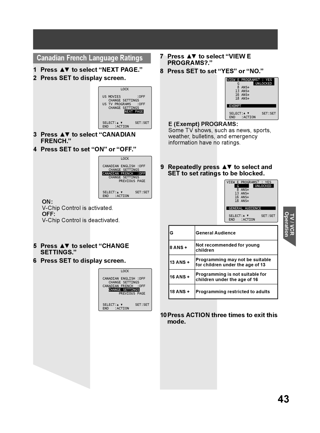 Panasonic PV DF2704 manual Canadian French Language Ratings, Press to select “NEXT PAGE.” 2 Press SET to display screen 