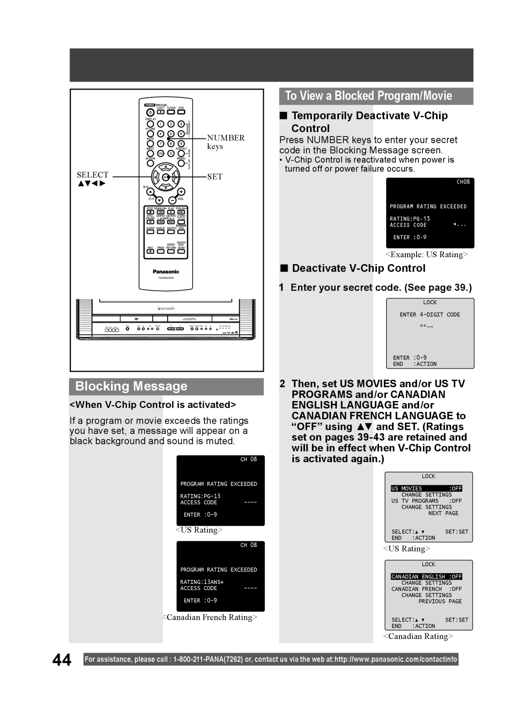 Panasonic PV DF2004, PV DF2704 Blocking Message, To View a Blocked Program/Movie, Temporarily Deactivate V-Chip Control 