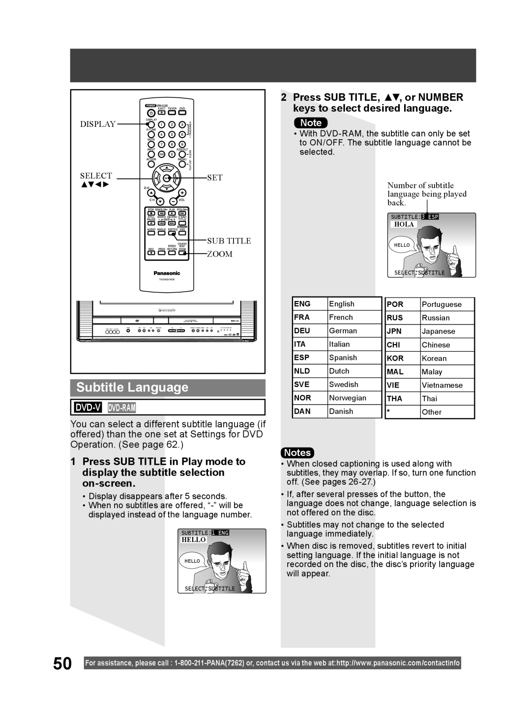 Panasonic PV DF2004 manual Subtitle Language, Press SUB TITLE, , or NUMBER keys to select desired language, Dvd-V Dvd-Ram 