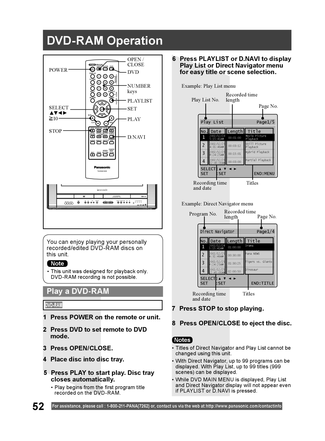 Panasonic PV DF2004 manual DVD-RAM Operation, Play a DVD-RAM, Press POWER on the remote or unit, Place disc into disc tray 
