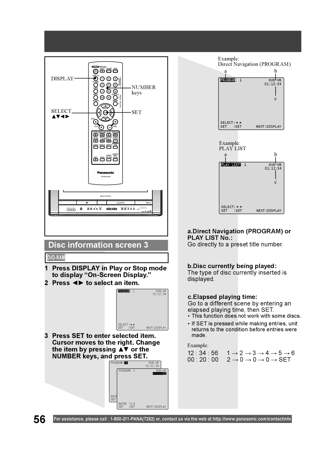 Panasonic PV DF2004 Disc information screen, Press to select an item, Dvd-Ram, a.Direct Navigation PROGRAM or PLAY LIST No 