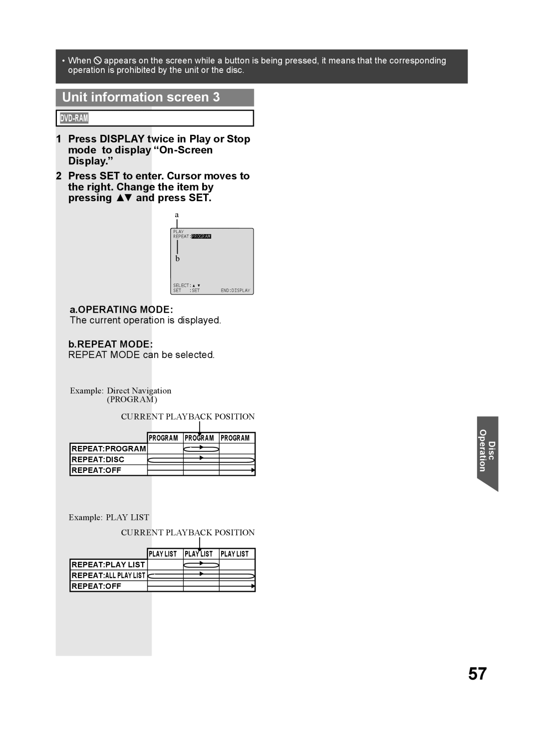 Panasonic PV DF2704, PV DF2004 manual Unit information screen, Example Direct Navigation PROGRAM 