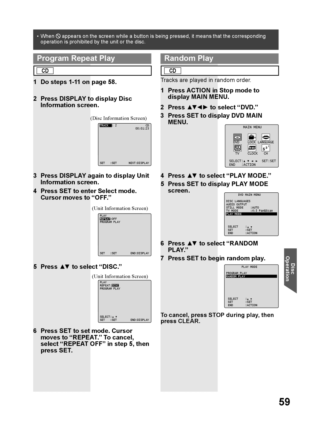 Panasonic PV DF2704, PV DF2004 manual Program Repeat Play, Random Play, Do steps 1-11 on page, Press to select “DISC.” 