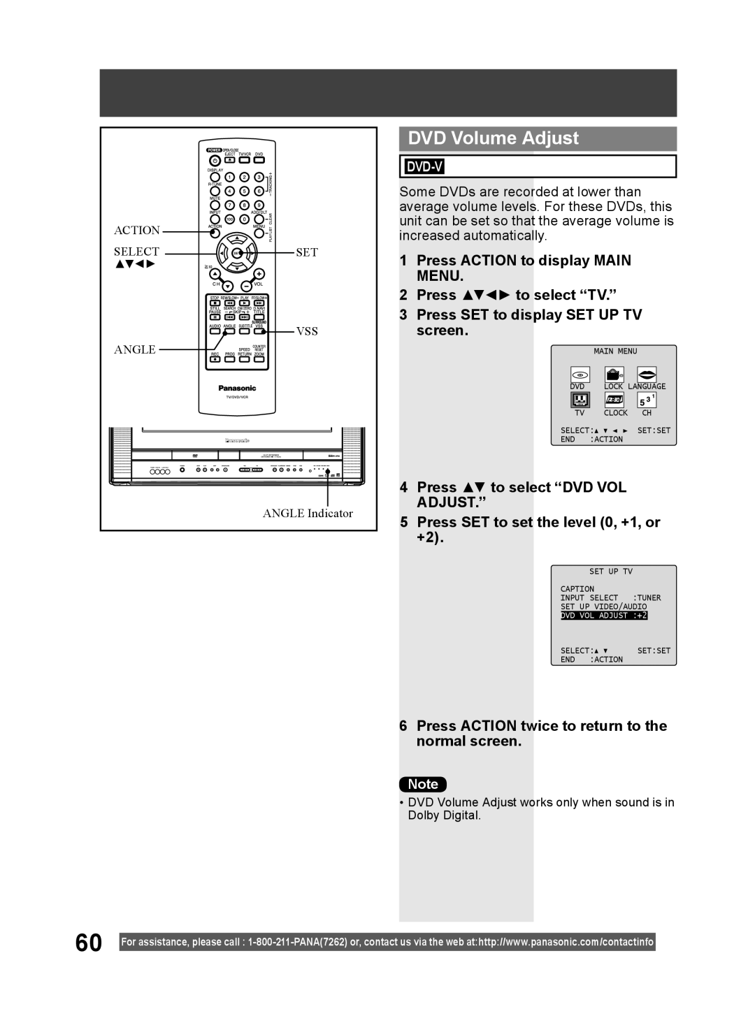 Panasonic PV DF2004, PV DF2704 manual DVD Volume Adjust, Press ACTION to display MAIN MENU 2 Press to select “TV.” 