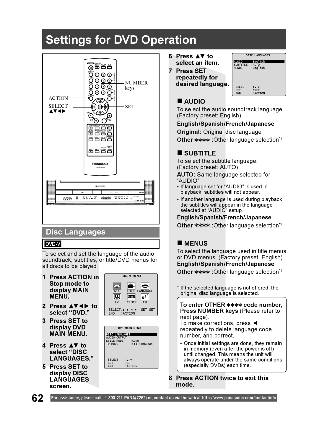 Panasonic PV DF2004 Settings for DVD Operation, Disc Languages, Press ACTION in, Stop mode to, display MAIN, Menu, Audio 