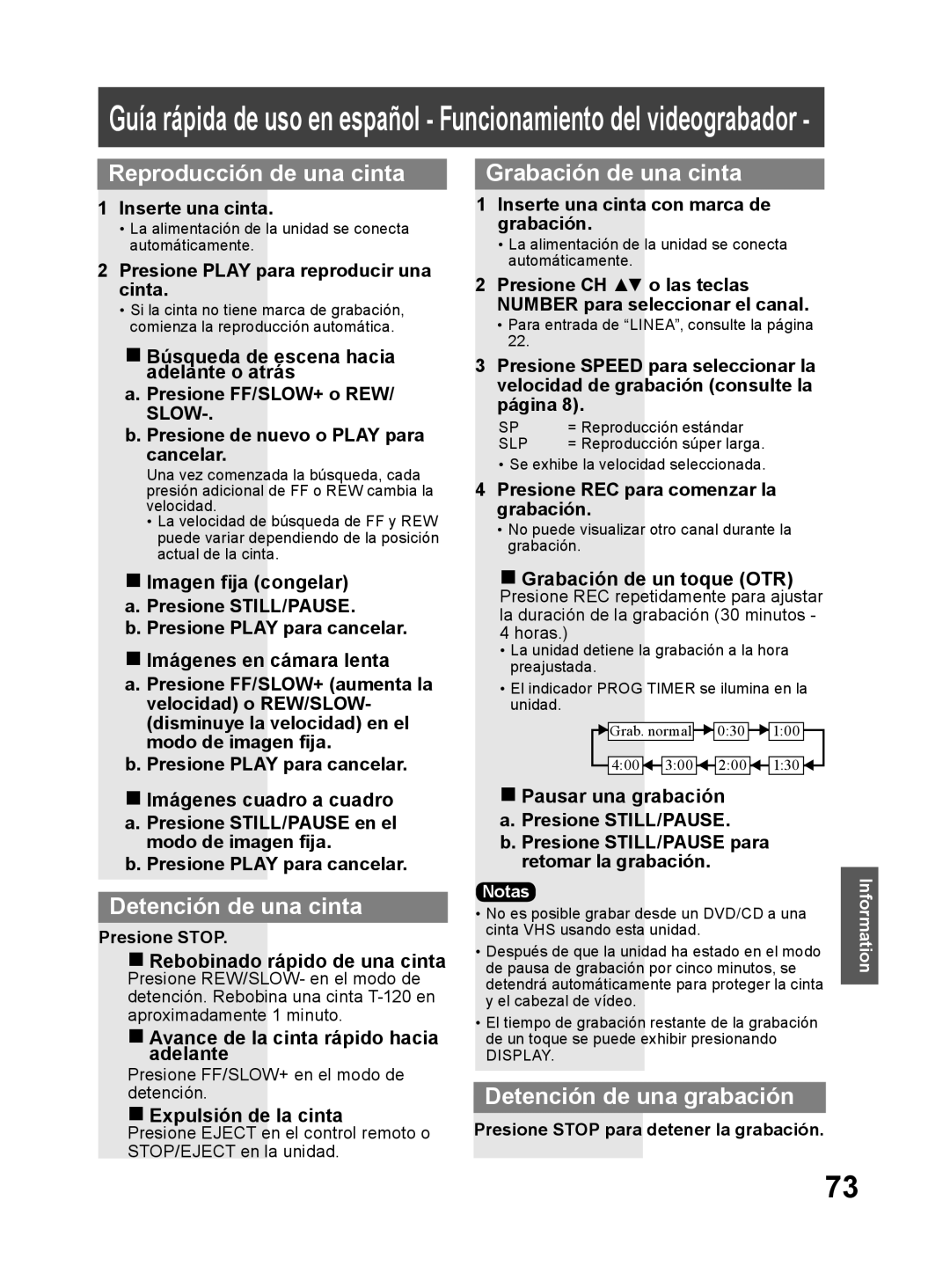 Panasonic PV DF2704, PV DF2004 Guía rápida de uso en español - Funcionamiento del videograbador, Reproducción de una cinta 
