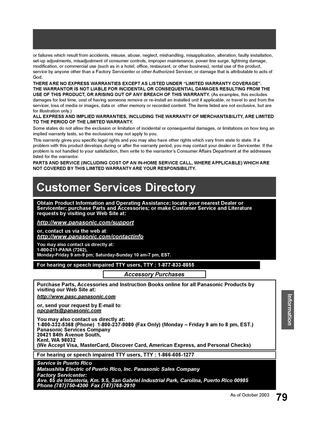 Panasonic PV DF2704 manual Customer Services Directory, Accessory Purchases, Information, or, contact us via the web at 