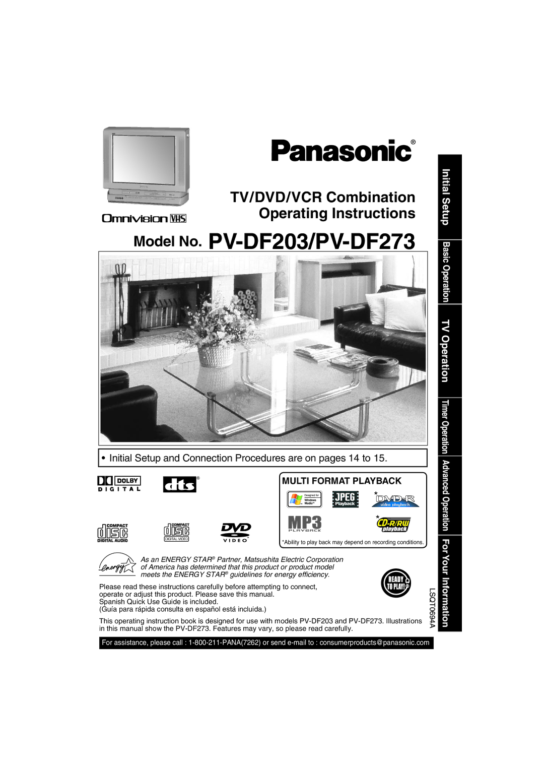 Panasonic manual Model No. PV-DF203/PV-DF273, Initial Setup Basic Operation TV Operation 