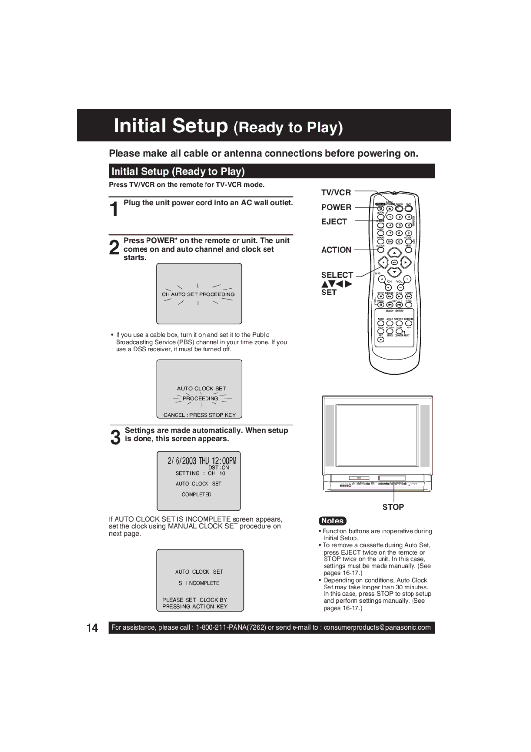 Panasonic PV-DF203, PV-DF273 manual Initial Setup Ready to Play, TV/VCR Power Eject Action Select SET, Stop 