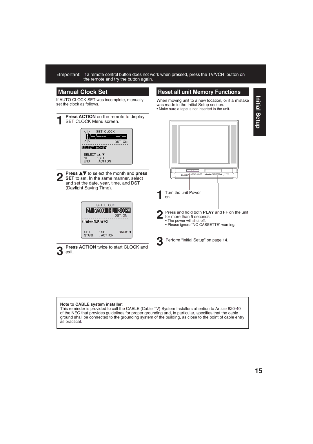 Panasonic PV-DF273, PV-DF203 Manual Clock Set, Reset all unit Memory Functions, Press Action twice to start Clock Exit 