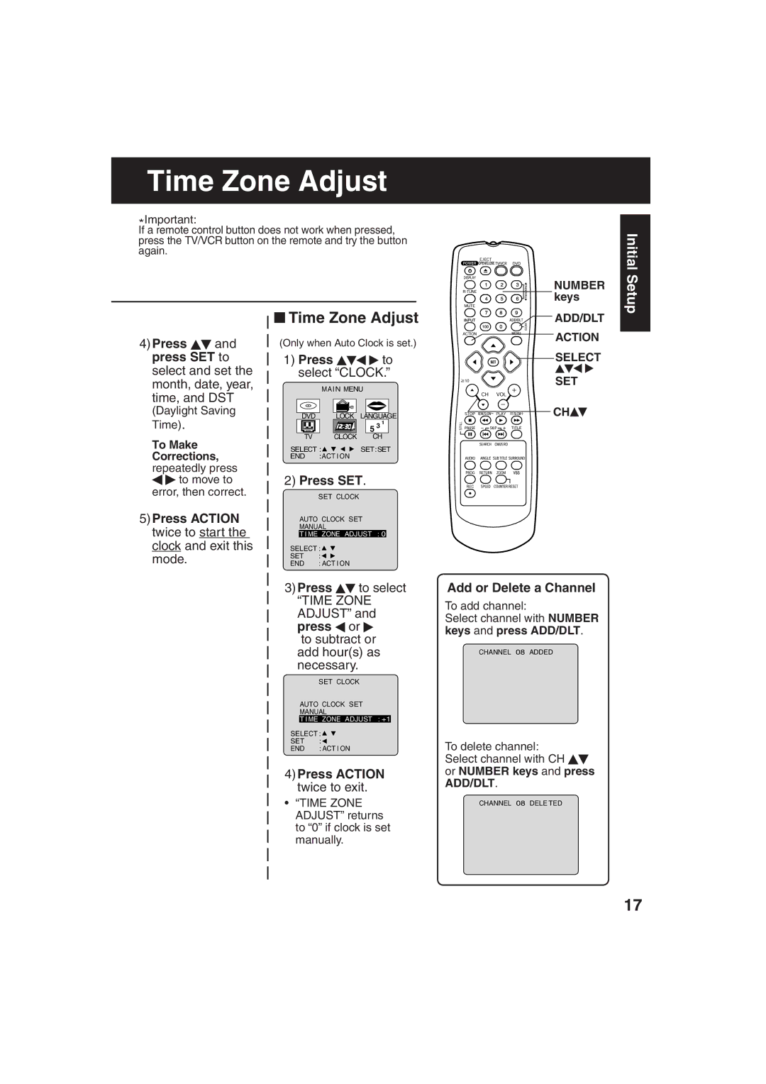 Panasonic PV-DF273, PV-DF203 manual Time Zone Adjust, Initial Setup 