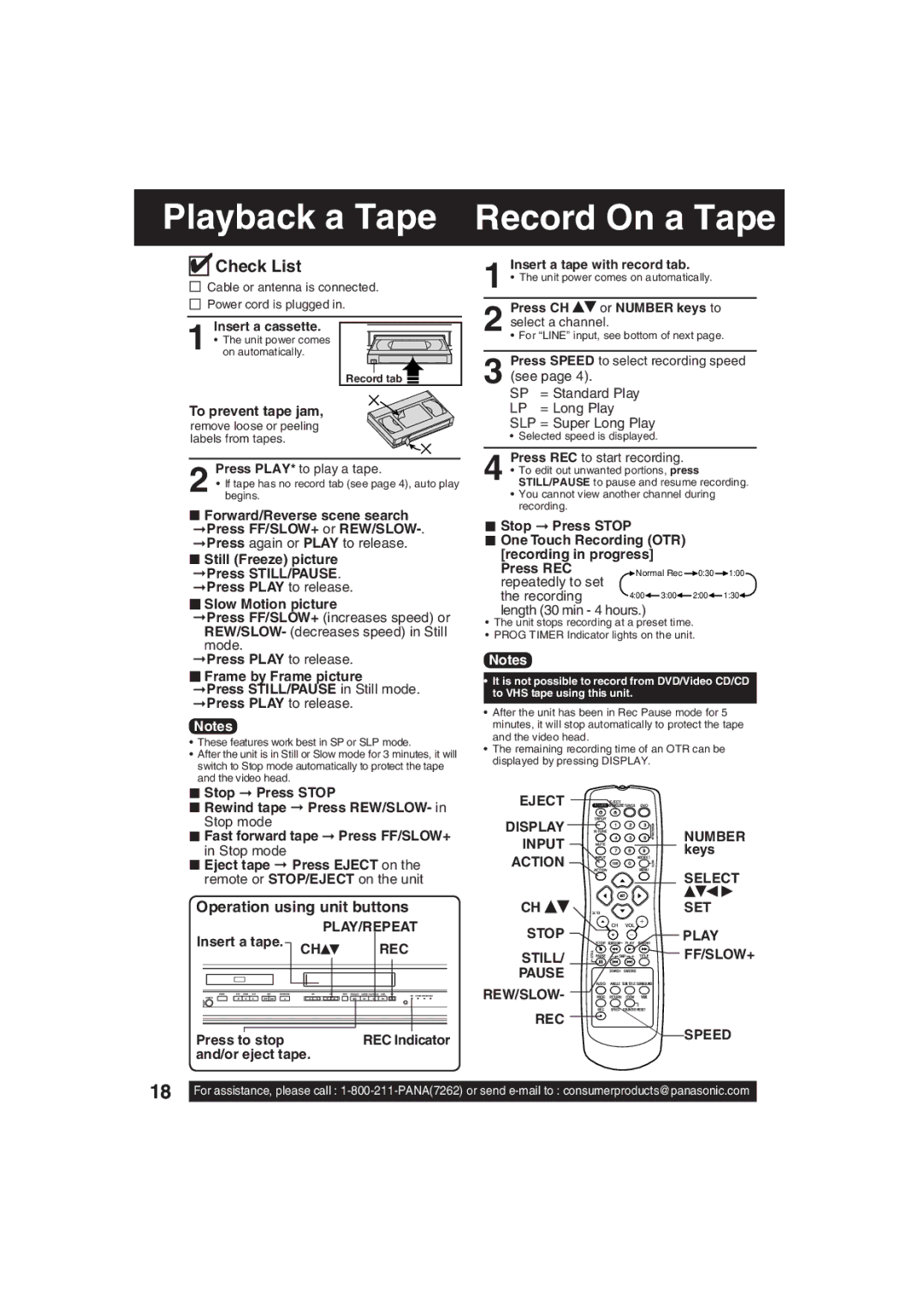 Panasonic PV-DF203 manual Playback a Tape Record On a Tape, Operation using unit buttons, Eject Display Number Input, Speed 