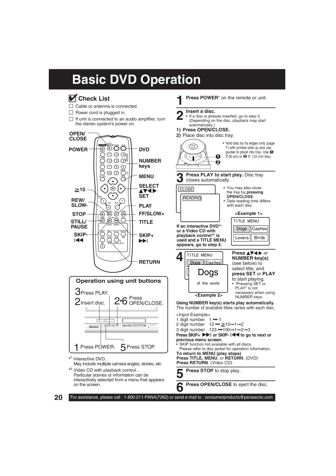 Panasonic PV-DF203, PV-DF273 manual Basic DVD Operation, Open Close Power DVD Number, Menu, 3Press Play, 2Insert disc 