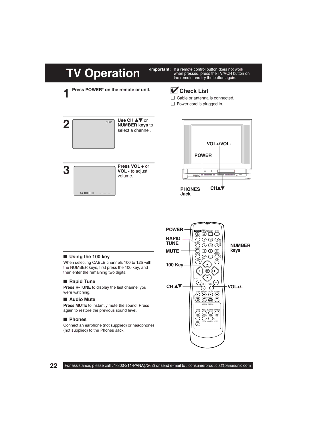 Panasonic PV-DF203, PV-DF273 manual VOL+/VOL Power Phones CH, Power Rapid Tune Number Mute 