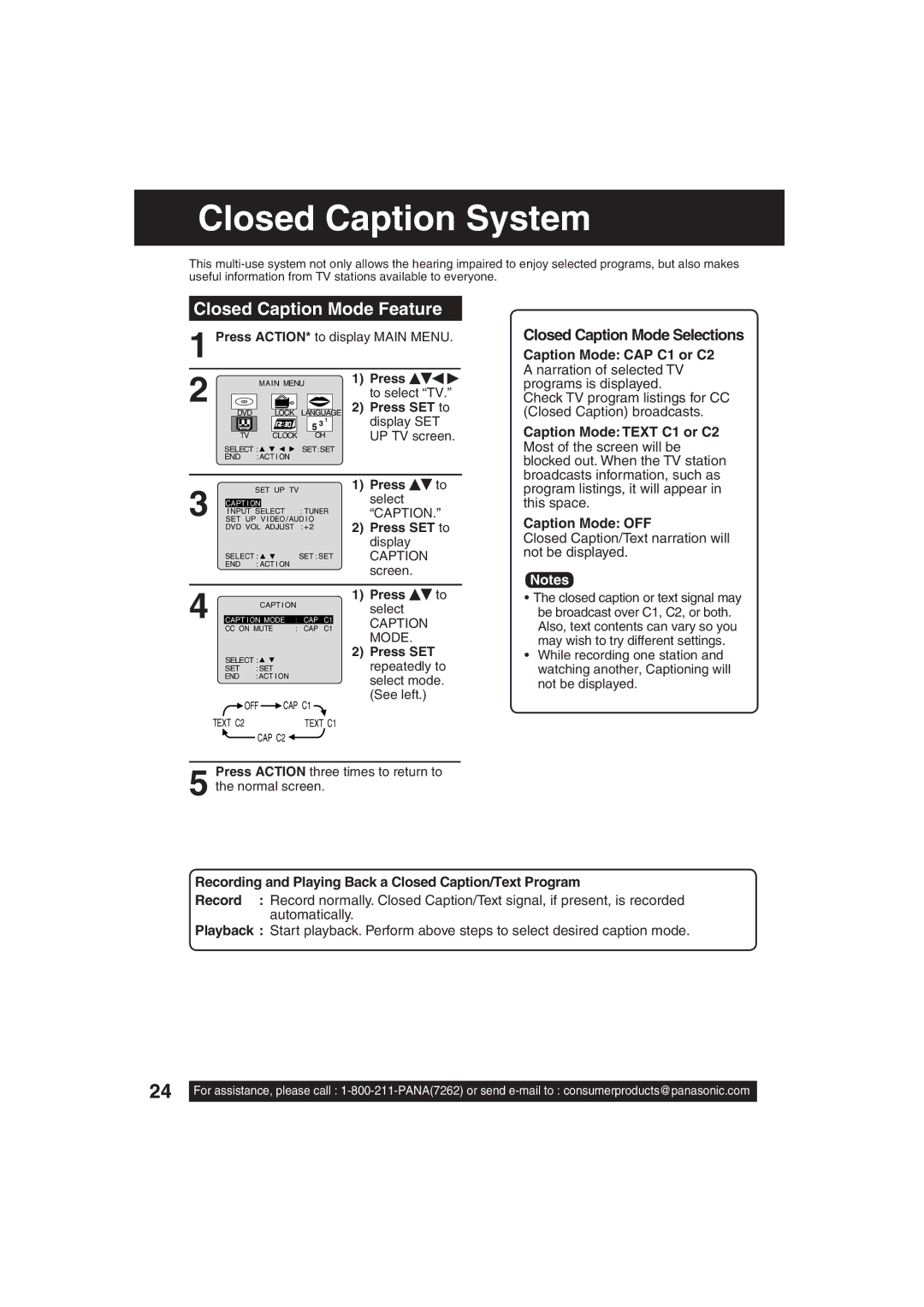 Panasonic PV-DF203, PV-DF273 manual Closed Caption System, Closed Caption Mode Feature, Closed Caption Mode Selections 