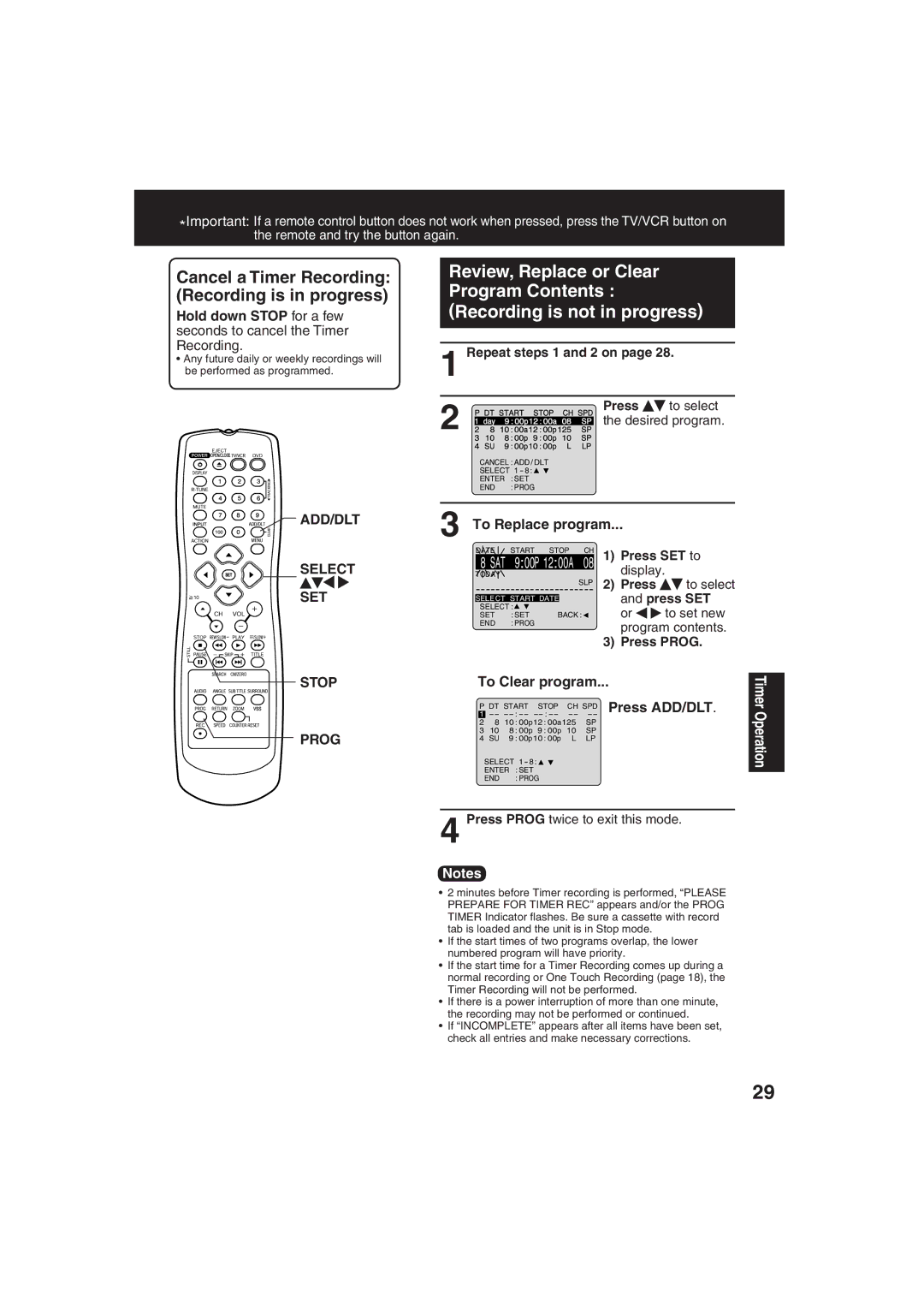 Panasonic PV-DF273, PV-DF203 manual ADD/DLT Select SET Stop Prog, To Replace program, To Clear program, Press ADD/DLT 