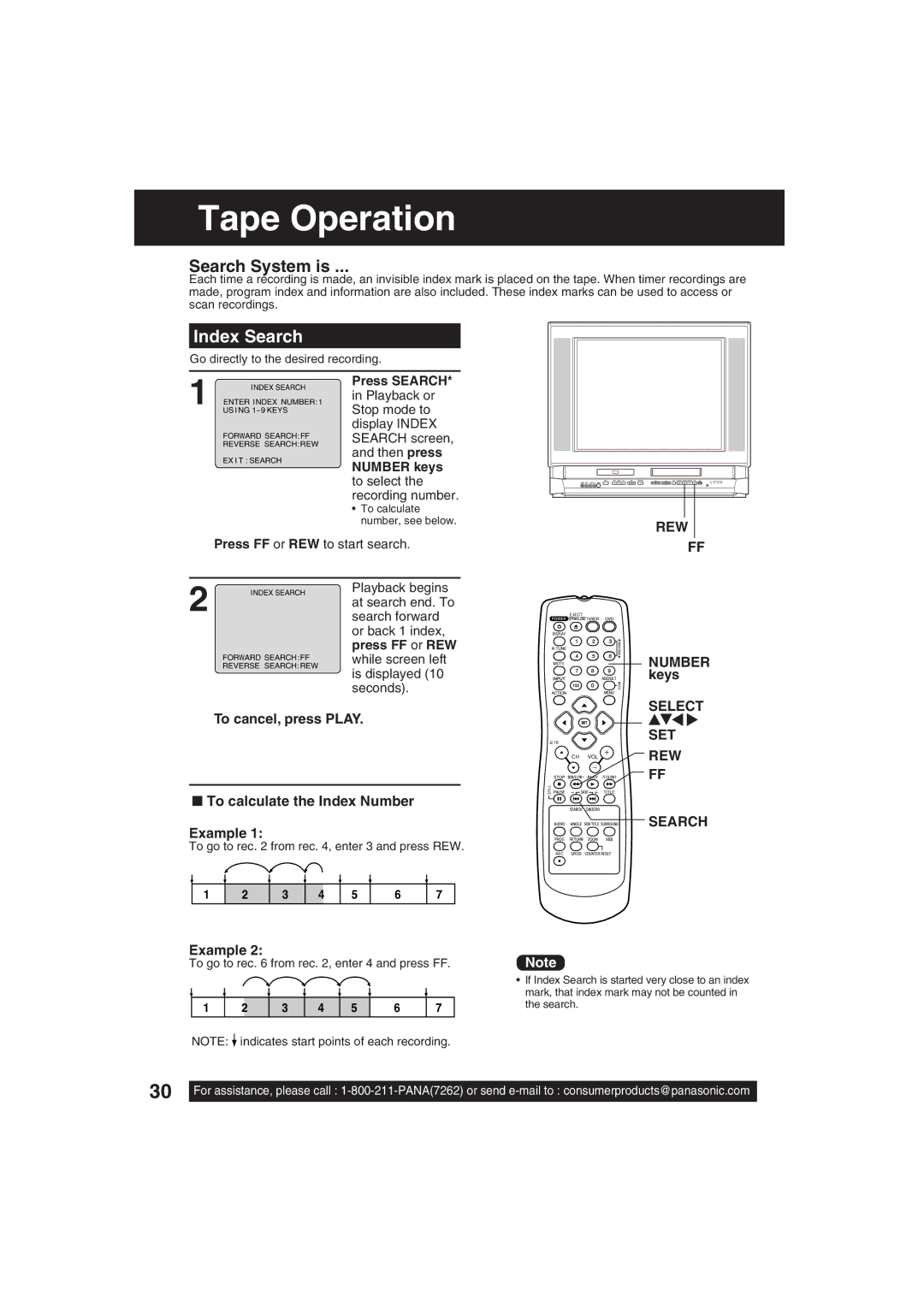 Panasonic PV-DF203 manual Tape Operation, Index Search, Rew Ff, To cancel, press Play To calculate the Index Number Example 