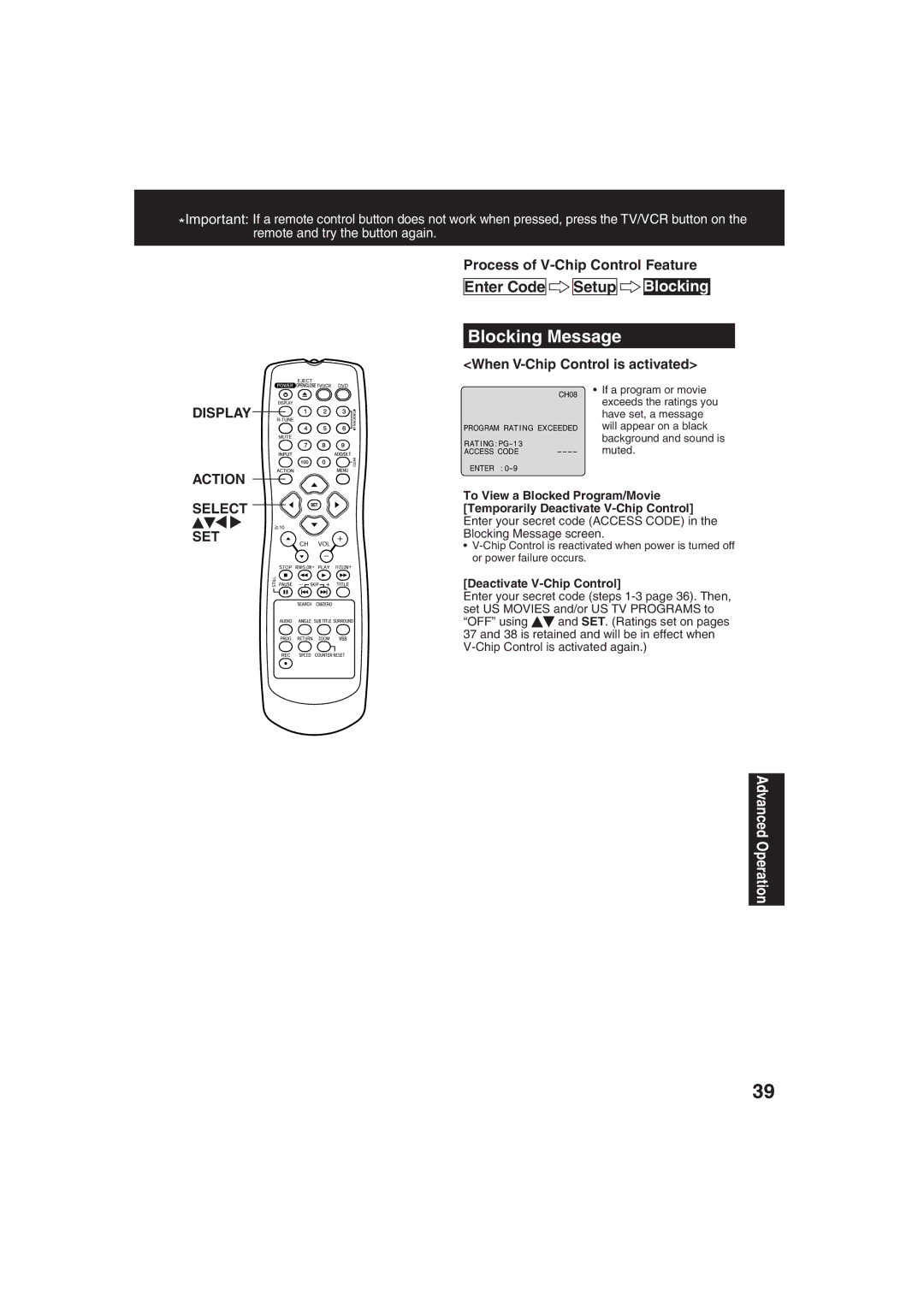 Panasonic PV-DF273, PV-DF203 manual Blocking Message, Display Action, Select SET Process of V-Chip Control Feature 