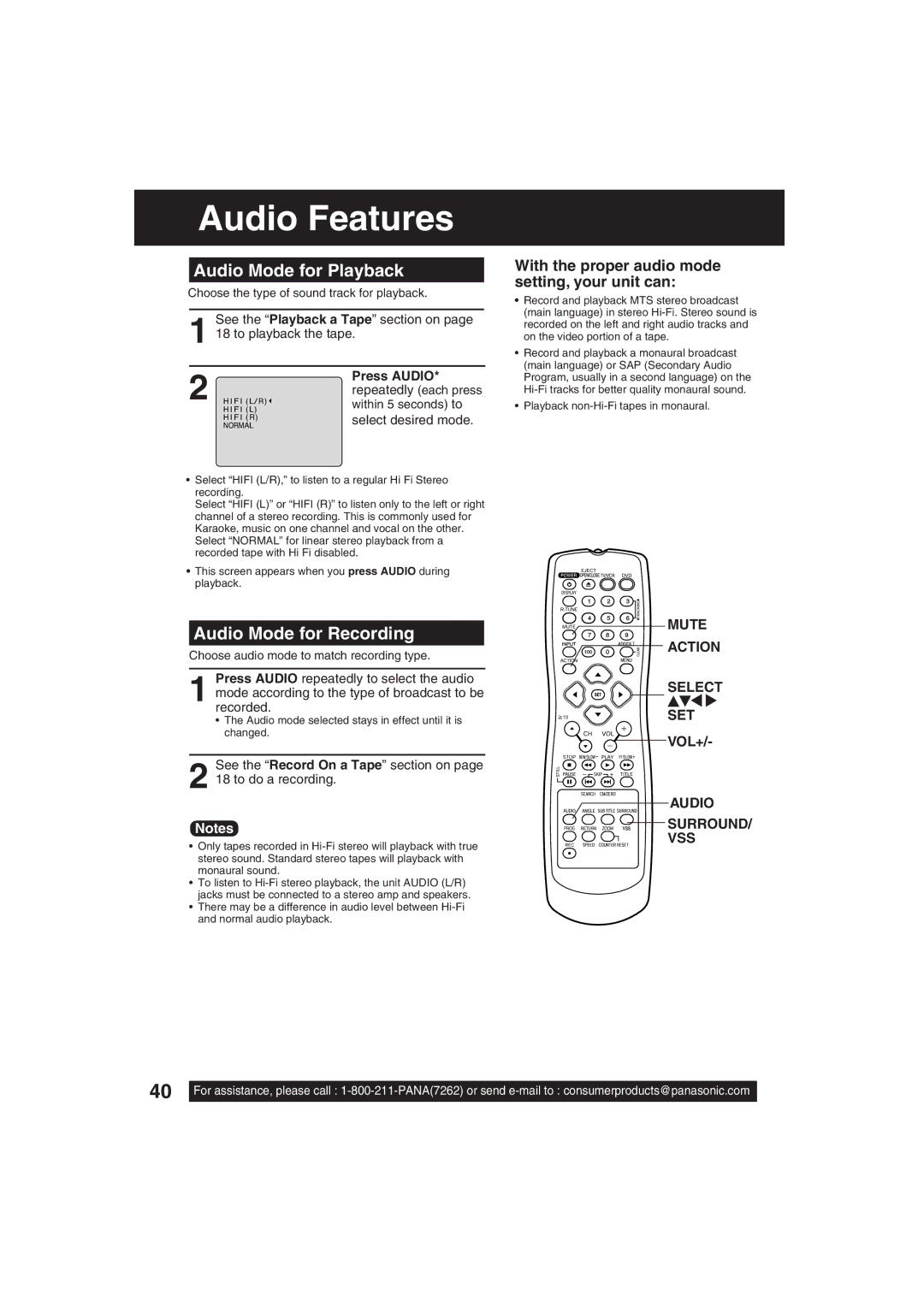 Panasonic PV-DF203, PV-DF273 manual Audio Features, Audio Mode for Playback, Audio Mode for Recording 