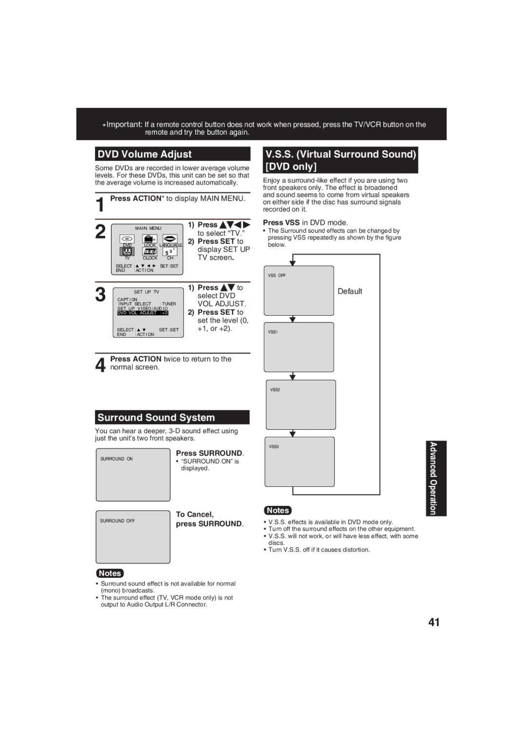 Panasonic PV-DF273, PV-DF203 manual DVD Volume Adjust, S. Virtual Surround Sound DVD only, Surround Sound System, Default 