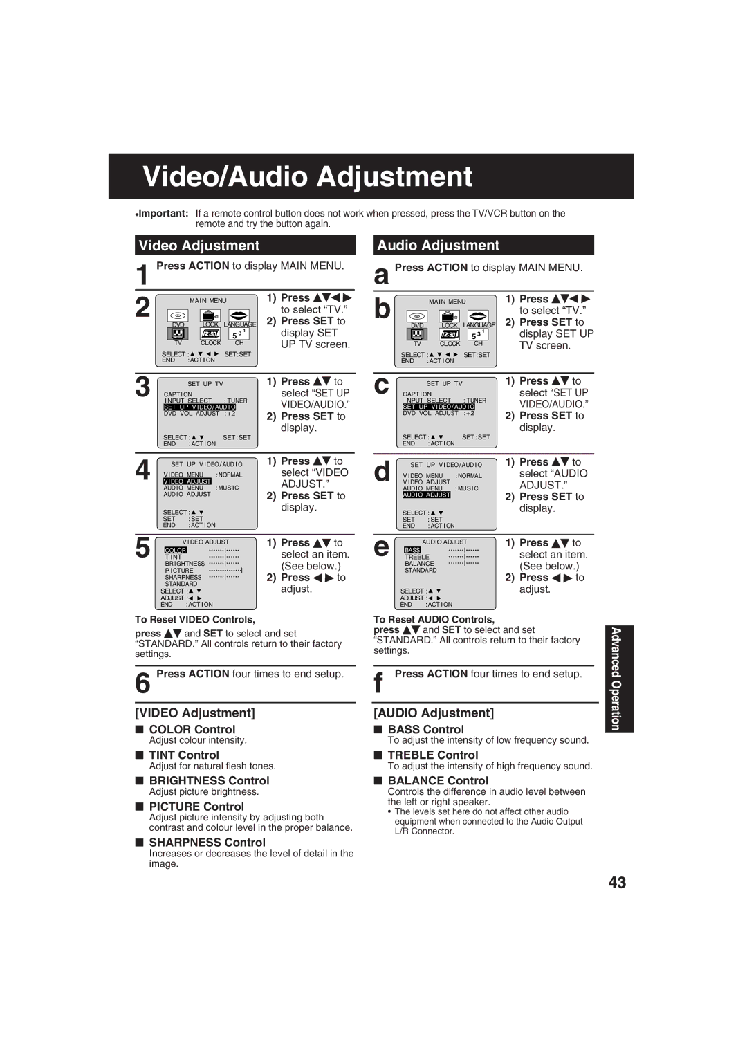 Panasonic PV-DF273, PV-DF203 manual Video/Audio Adjustment, Video Adjustment Audio Adjustment 