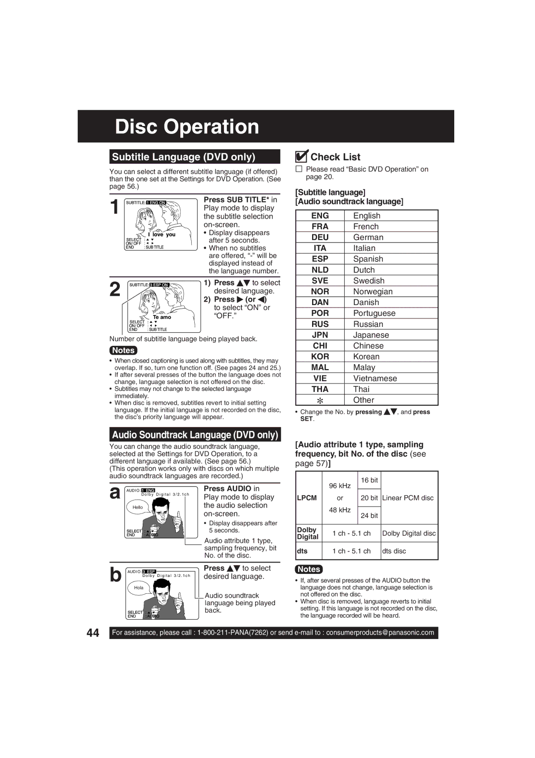 Panasonic PV-DF203, PV-DF273 manual Disc Operation, Subtitle Language DVD only, Audio Soundtrack Language DVD only 