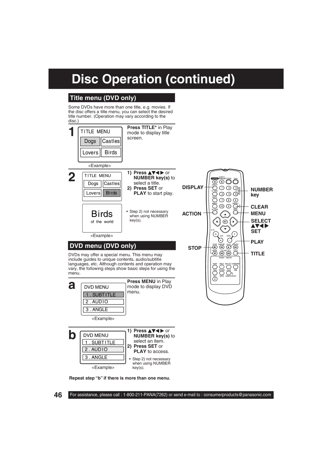 Panasonic PV-DF203, PV-DF273 manual Title menu DVD only, DVD menu DVD only, Clear Menu Select SET, Stop Play Title 