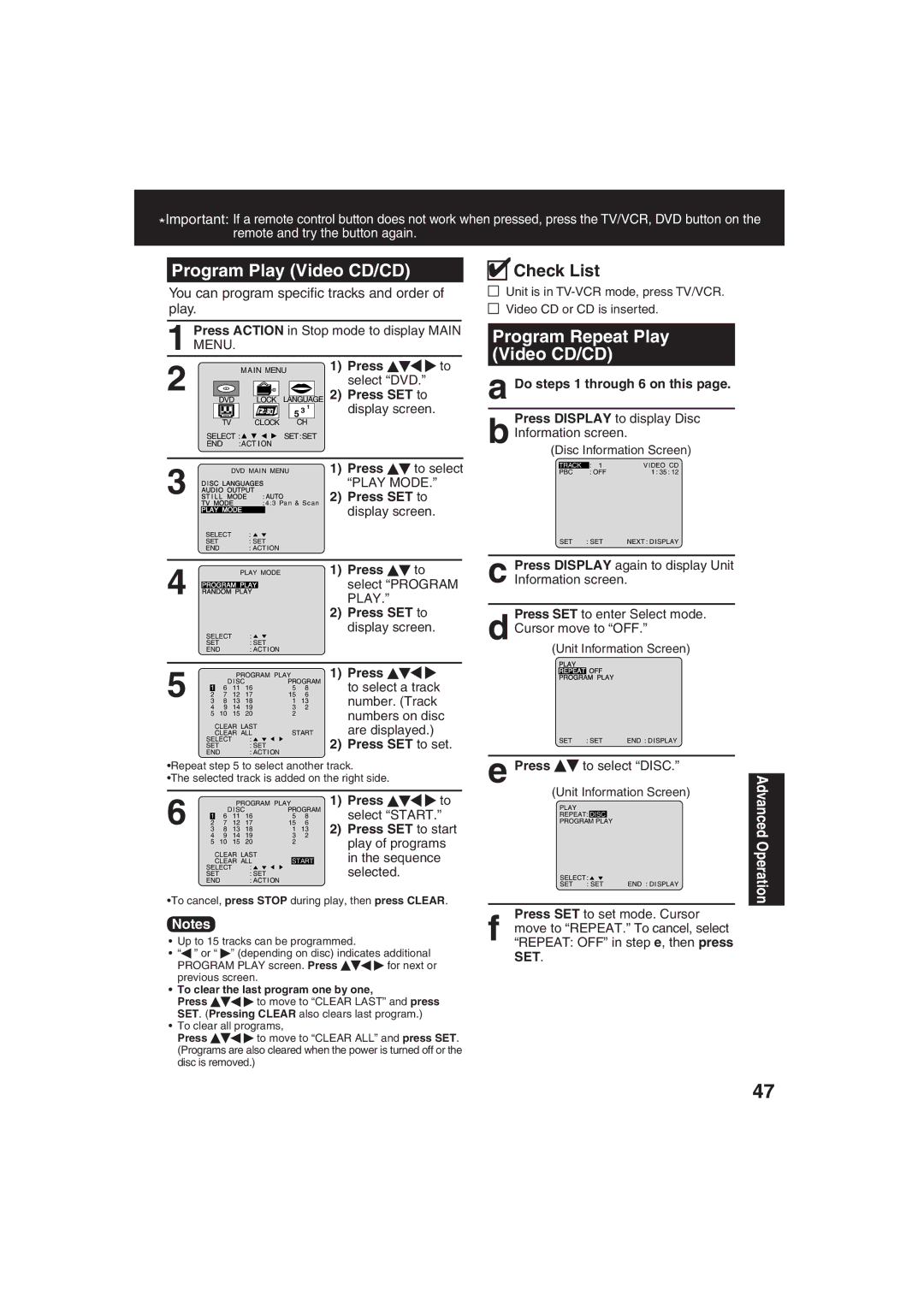 Panasonic PV-DF273, PV-DF203 manual Program Play Video CD/CD, Program Repeat Play Video CD/CD, Do steps 1 through 6 on this 